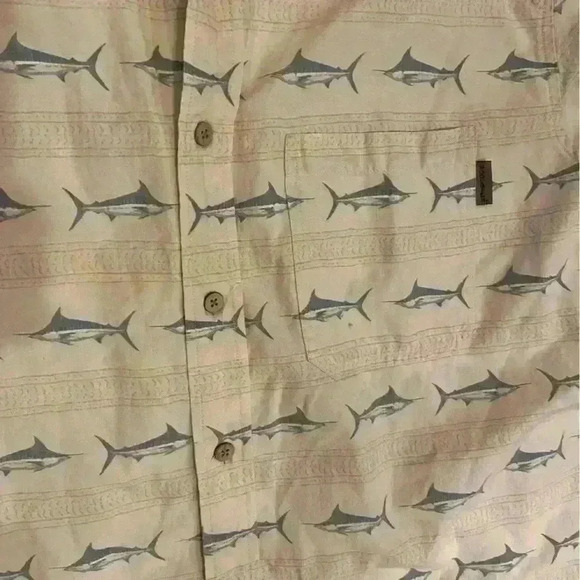 Woolrich Men’s Short Sleeve Swordfish Print Button Down Size L Pale Yellow - Picture 6 of 9